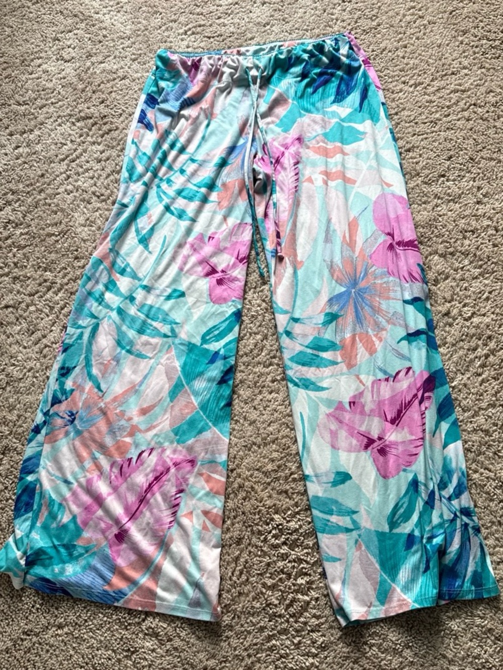 Source Unknown Teal, Pink & Coral Floral Wide-Leg Pajama Pants